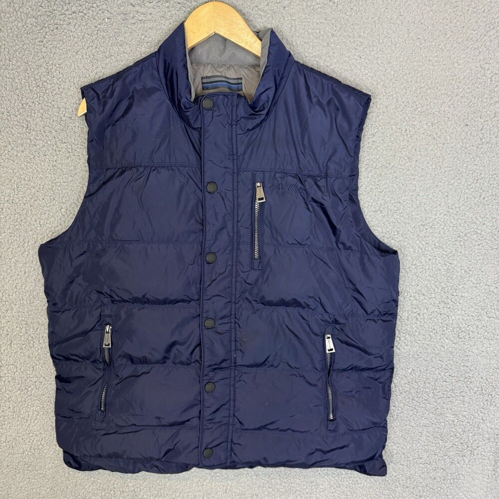 Orvis Vest Mens L Blue Down Puffer Full‎ Zip Snap Hiking Outdoor Gorp